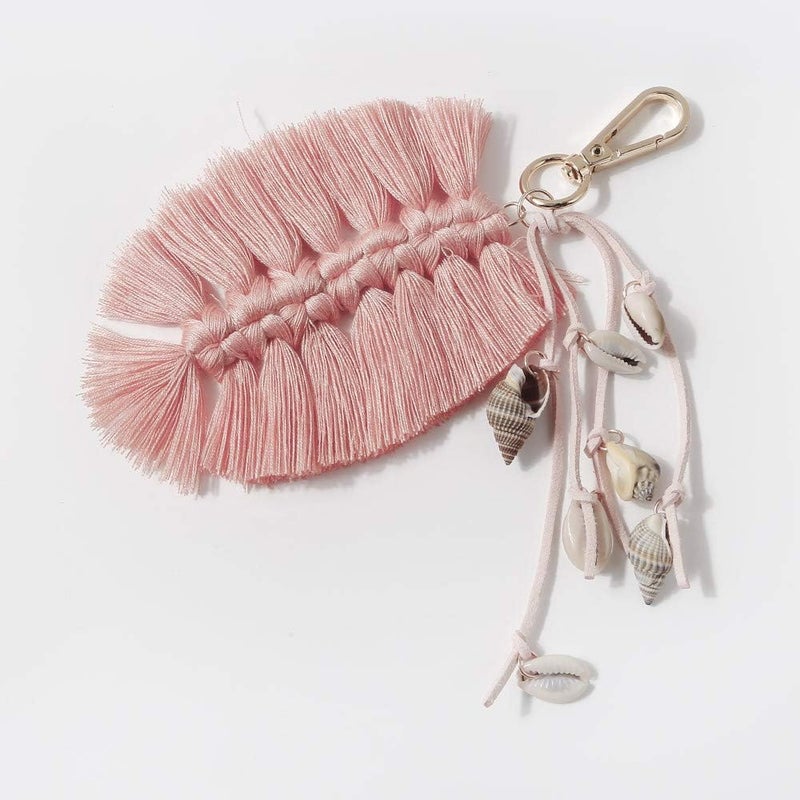 QTMY Shell Leaf Feather Tassel Keychain for Women,Cute Boho Bag Charm Pendant Keyring Purse Handbag Decor (Pink) - Image 2